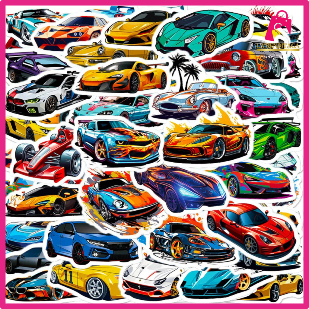 50 Pcs Racing Car Cartoon Stickers – Kids Travel, Luggage & Scrapbook Decals